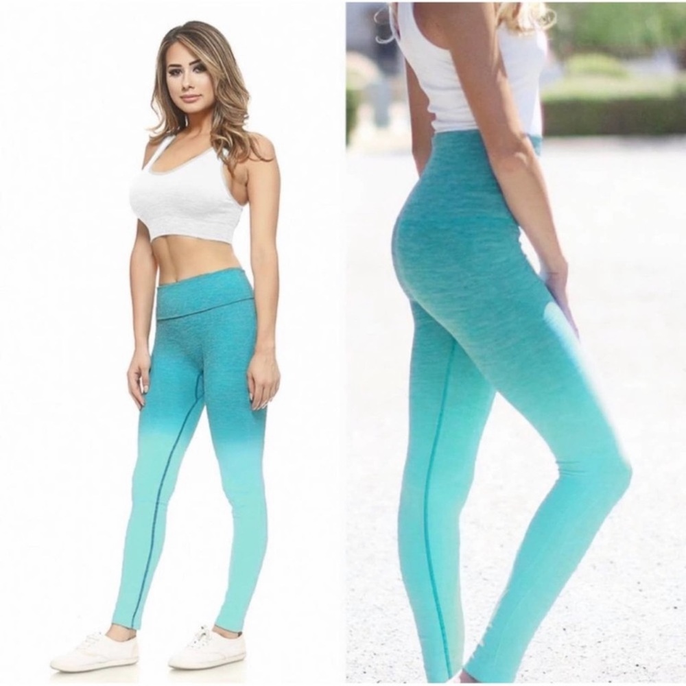 New Turquoise Dip Dye Ombré Women's Stretchy Athletic Yoga Hi Waist Leggings - Picture 2 of 2